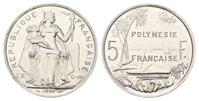 Французская Полинезия 5 франков 1991 KM 12 алюминий UNC 109-1125