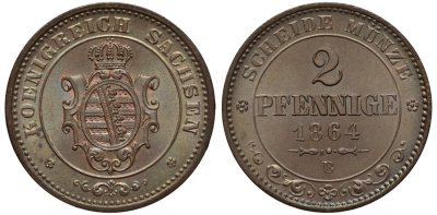 Саксония 2 пфеннига 1864 В, Иоганн (1854-1873) KM 1217, Jaeger 121, AKS 155 медь UNC 44-1223