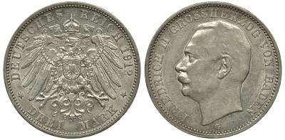 Баден 3 марки 1912 Фридрих II (1907-1918) J. 39, KM 280 серебро 413-4231