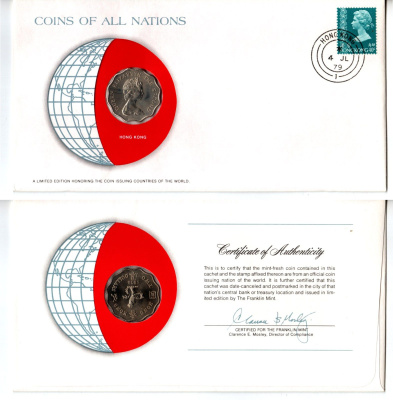 Гонконг 2 доллара 1975 конверт с маркой первого дня гашения, Coins of Nations KM 37 медно-никель UNC 4295-13-1