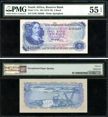 ЮАР 2 ранда ND (1974-76) Бартоломеус Вермуйден, ГЭС Гариеп, африкаанс-английский, в слабе PMG 55 About Uncirculated Pick 117 a бумага  aUNC  452-1-23