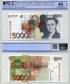 Словения 5000 толаров 1993 Specimen, образец, в слабе PCGS 66 Gem UNC, Ивана Кобильца (1861-1926) Pick 19s бумага UNC (пресс) 452-1-32