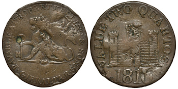 Гибралтар 2 кварты 1810 токен, Роберт Килинг и сыновья, равна двум четвертинкам KM Tn 4.1 медь 650-212