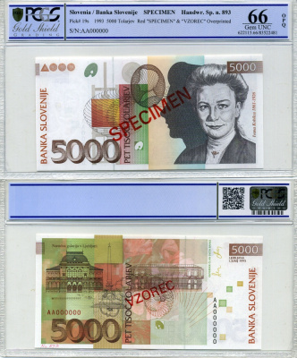 Словения 5000 толаров 1993 Specimen, образец, в слабе PCGS 66 Gem UNC, Ивана Кобильца (1861-1926) Pick 19s бумага UNC (пресс) 452-1-32