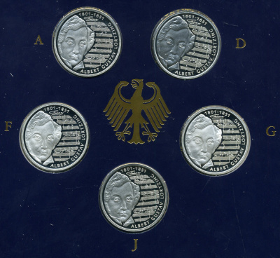 ФРГ набор из 5 штук по 10 марок 2001 A, D, F, G, J,  200 лет со дня рождения Альберта Лорцинга KM 205 серебро PROOF 6-5-2-13
