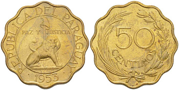 Парагвай 50 сентимо 1953 лев, фригийский колпак на шесте KM 28 алюминиевая бронза aUNC 4513-725