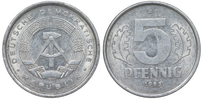 ГДР 5 ПФЕННИГОВ 1983 A КМ 9.2 алюминий 62-442