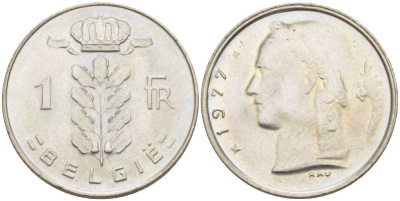 БЕЛЬГИЯ 1 ФРАНК 1977 BELGIE, БОДУЭН I (1951-1993) KM 143.1 медно-никель 3856-746