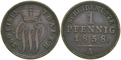 Шаумбург-Липпе 1 пфенниг 1858 А, Георг Вильгельм (1787-1860) KM 38 медь 99-763