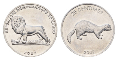 ДР Конго 25 сантимов 2002 Животные - Ласка KM 76 алюминий UNC 4674-1266
