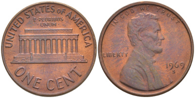 США 1 ЦЕНТ 1969 S, ЛИНКОЛЬН KM 201 медь цинк 187-1156