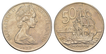 Новая Зеландия 50 центов 1972 Елизавета II (1952-2022), парусник Индевор KM 37 медно-никель 00-00