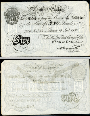 Англия 5 фунтов 1936 Лондон, 14 февраля, Операция "Бернхард", фальшивка в ущерб денежному обращению PW № RB103, Pick 337 a  бумага   444-49-1-1