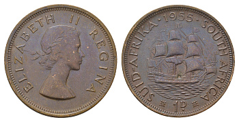 ЮАР 1 пенни 1955 Елизавета II (1952-2022), парусник KM 46 бронза 4517-1224