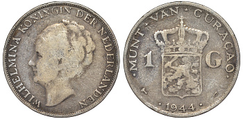 Нидерландское Кюрасао 1 гульден 1944 D, Вильгельмина (1890-1948) KM 45 серебро 36-723