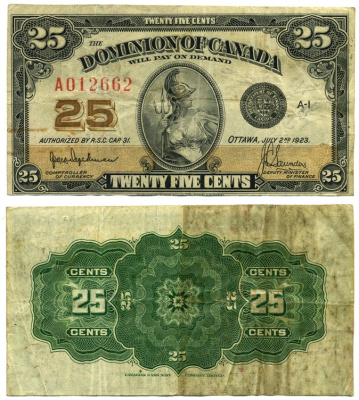 Канада 25 центов 1923 доминион Канады, без буквы Pick 10 бумага 451-215-1