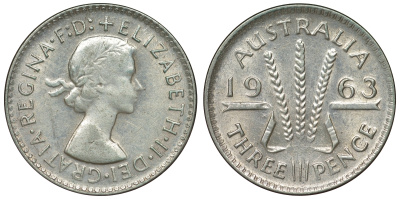 Австралия 3 пенса 1963 m, Елизавета II (1952-2022) KM 57 серебро 71-925