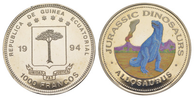 Экваториальная Гвинея 1000 франков 1994 Динозавры Юрского периода - Аллозавр KM 87 медно-никель PROOF 1079-10-43