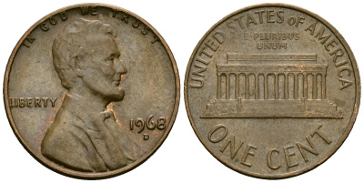 США 1 цент 1968 D, Линкольн KM 201 медь цинк 4136-126