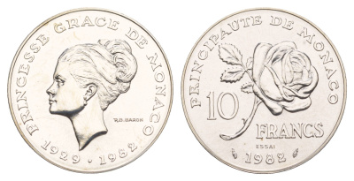 Монако 10 франков 1982 Смерть принцессы Грейс, Essai - Пробник KM E73 серебро BU 11-132-42