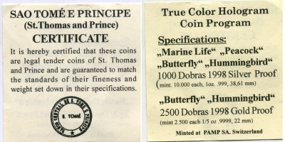 Сан-Томе и Принсипи набор из 4 монет по 1000 добра 1998 павлин, тропические рыбы, бабочка, колибри, цветная голограмма, в оригинальной коробке с сертификатом KM 79, 80, 81, 82 серебро PROOF 00-00