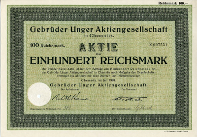 Германия 100 рейхсмарок 1928 АО Братья Унгер, производство специализированного оборудования для мясокомбинатов, колбасных и консервных заводов, Хемниц, акция   бумага  8804-86-1