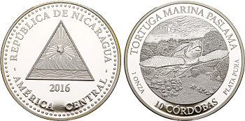 Никарагуа 10 кордоба 2016 серия сохраним наш мир, морская черепаха NI-000142 серебро  PROOF  11-182-11
