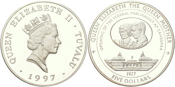 Тувалу 5 долларов 1997 Открытие федерального парламента в Канберре KM 45 серебро PROOF 01-233-43