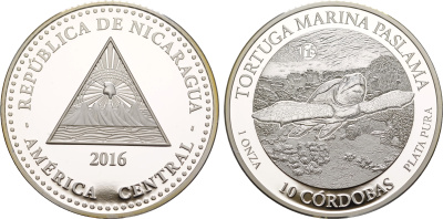 Никарагуа 10 кордоба 2016 серия сохраним наш мир, морская черепаха NI-000142 серебро  PROOF  11-182-11
