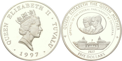 Тувалу 5 долларов 1997 Открытие федерального парламента в Канберре KM 45 серебро PROOF 01-233-43
