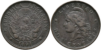 Аргентина 2 сентаво 1891 голова свободы влево KM 8 бронза 4531-1043