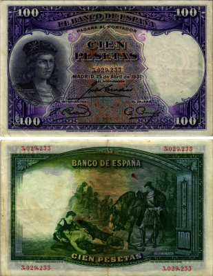 Испания 100 песет 1931 Гонсало Фернандес де Кордова, картина Касадо дель Алисаль Pick 83 бумага VF-XF 2192-96-2-1