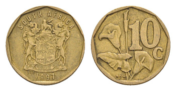 ЮАР 10 центов 1997 герб, цветок алоэ KM 161 сталь плакированная бронзой 4621-924