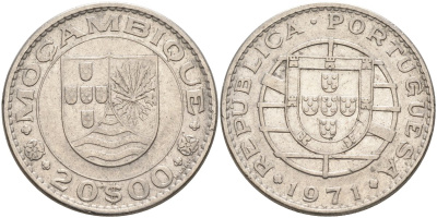 Португальский Мозамбик 20 эскудо 1971 KM 87 никель 3460-135