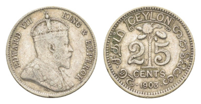 Цейлон 25 центов 1903 Эдуард VII (1901-1910) KM 98 серебро 75-935