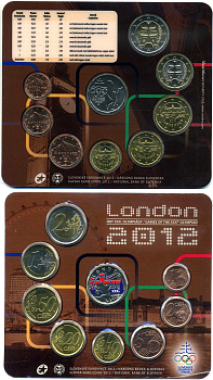 Словакия евронабор из 8 монет плюс жетон 2012 летние олимпийские игры в Лондоне, жетон с цветной эмалью, 1, 2, 5, 10, 20, 50 евроцентов, 1, 2 евро, пластик, запайка, буклет BUNC 3-4-8-19