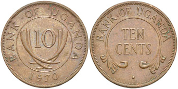 УГАНДА 10 ЦЕНТОВ 1970 KM 2 бронза 4513-732