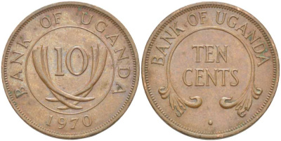 УГАНДА 10 ЦЕНТОВ 1970 KM 2 бронза 4513-732