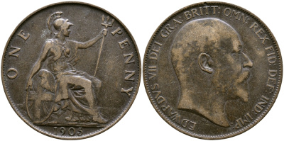 Великобритания 1 пенни 1905 Эдуард VII (1901-1910) KM 794.2, Spink 3990 бронза    4364-4043