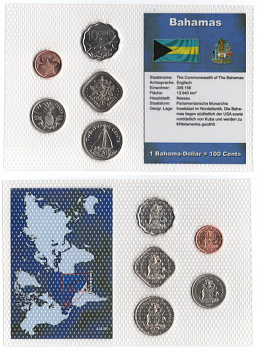 Багамские Острова (Багамы) набор из 5 монет (1, 5, 10, 15 и 25 центов) 2005, 2007 и 2009 в красочной упаковке с информацией о стране KM 60, 61, 62, 63.2 и 218.1 UNC 4-5-1-50