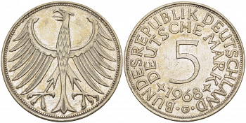 ФРГ 5 марок 1968 G, KM 112.1, J. 387 серебро 3457-323