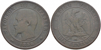 Франция 10 сантимов 1856 BB, Наполеон III (1852-1870) KM 771.3, Le Franc 133.34 бронза 114-1231