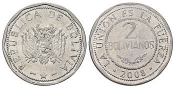 Боливия 2 боливиано 2008 KM 206.2 нержавеющая сталь UNC 55-1056