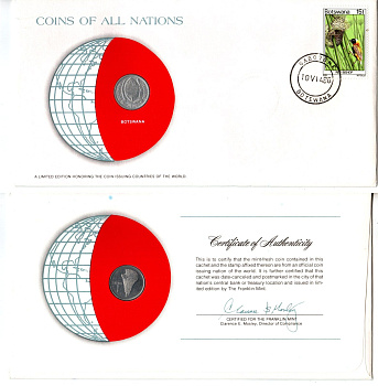 Ботсвана 1 тхебе 1976 конверт с маркой первого дня гашения, Coins of Nations KM 3 алюминий UNC 4295-20-2