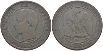 Франция 10 сантимов 1856 BB, Наполеон III (1852-1870) KM 771.3, Le Franc 133.34 бронза 114-1231