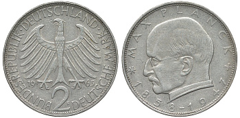 ФРГ 2 марки 1963 F, Макс Планк KM 116, J. 392 медно-никель плакированный никелем 4681-724
