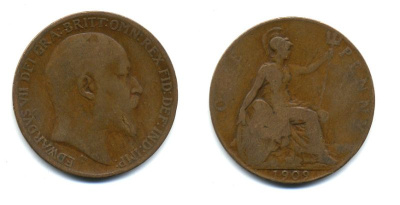 Великобритания 1 пенни 1909 Эдуард VII (1901-1910) KM 794.2, Spink 3990 бронза 47-711