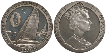 Остров Мэн 1 крона 1991 Американская регата на Кубок Америки в Сан-Диего 1992 года, редкая (без цифр XXVIII перед AMERICA'S CUP, дата 1991) KM 320 медно-никель UNC 00-815-31