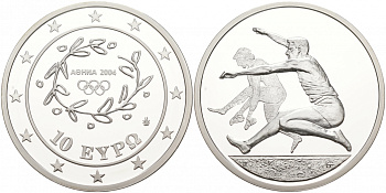 Греция 10 евро 2003 XXVIII летние Олимпийские игры 2004 года в Афинах, прыжки в длину KM 194 серебро PROOF 00-00