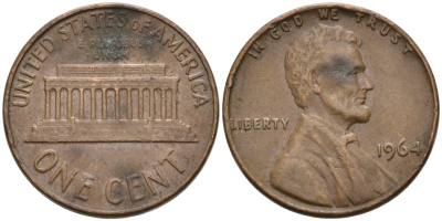 США 1 цент 1964 Линкольн KM 201 медь цинк 4564-433